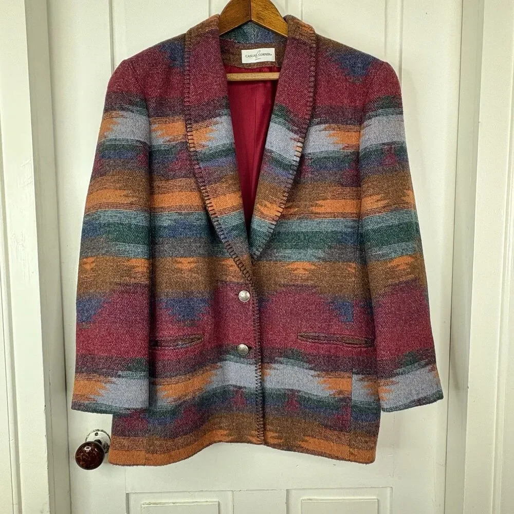 VTG Southwestern Womens M Wool Blend Blanket Jacket Blazer Southwest Boho 90s